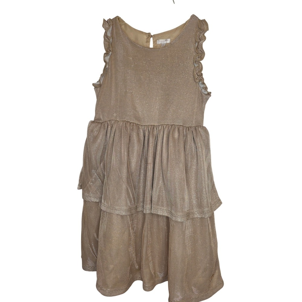 Tahari Girl Kids Size 8 Champagne Gold Metallic Tiered Ruffle‎ Party Dress